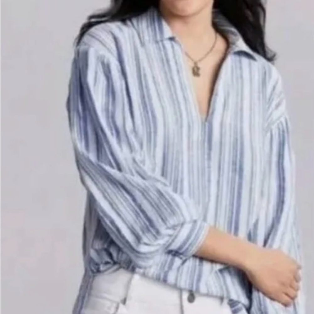 CABI Pacific Blue Striped Linen Tunic Top Size Small Style 5894